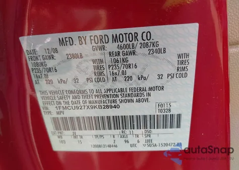 2009 Ford Escape Xls из США, поврежденный, VIN 1FMCU927X9KB28940